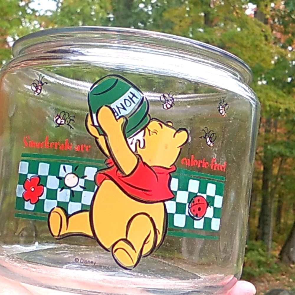 🍯 DISNEY Vintage Winnie the Pooh Glass SNACKERALS JAR BISCOTTI EVC